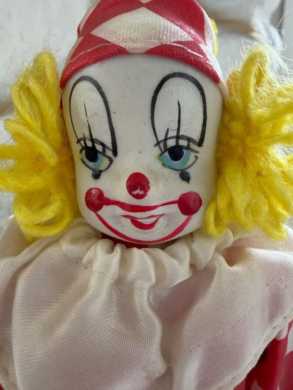 Vintage Red & White Harlequin Checkeredboard Clown Doll Yarn Hair Figurine - Picture 5 of 14